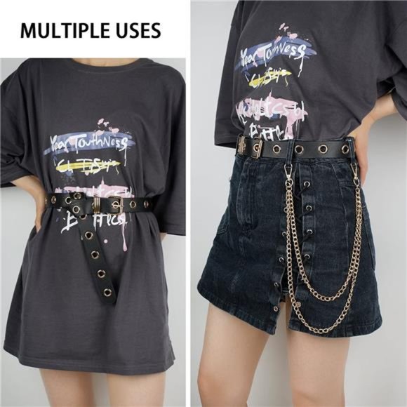 FIORETTO Grommet Leather Belt with Detachable Chain Punk Rock Waist Belts main image 5